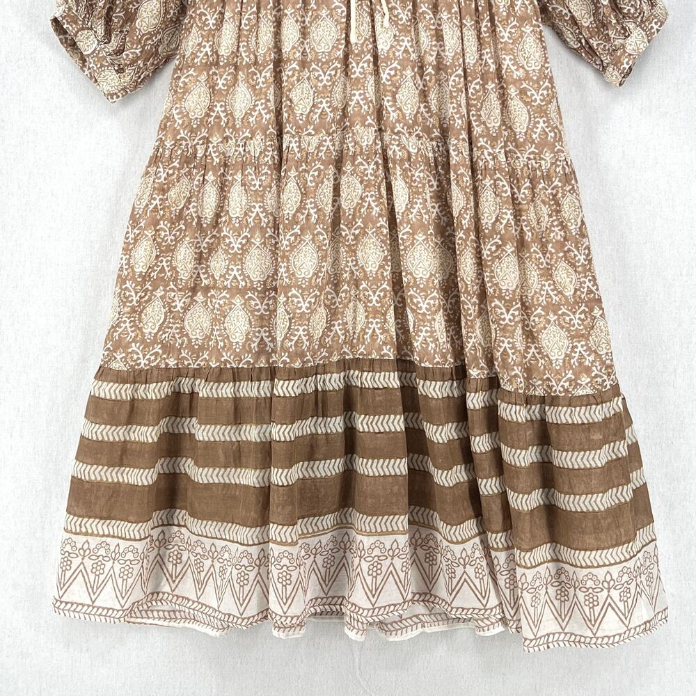 DAUGHTERS OF INDIA Jasmine Midi Dress Women Small White Brown Block Print Cotton - Picture 10 of 16